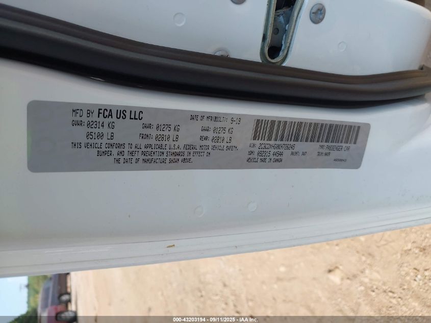 2019 Dodge Charger VIN: 2C3CBXHG0K8726245 Lot: 43203194