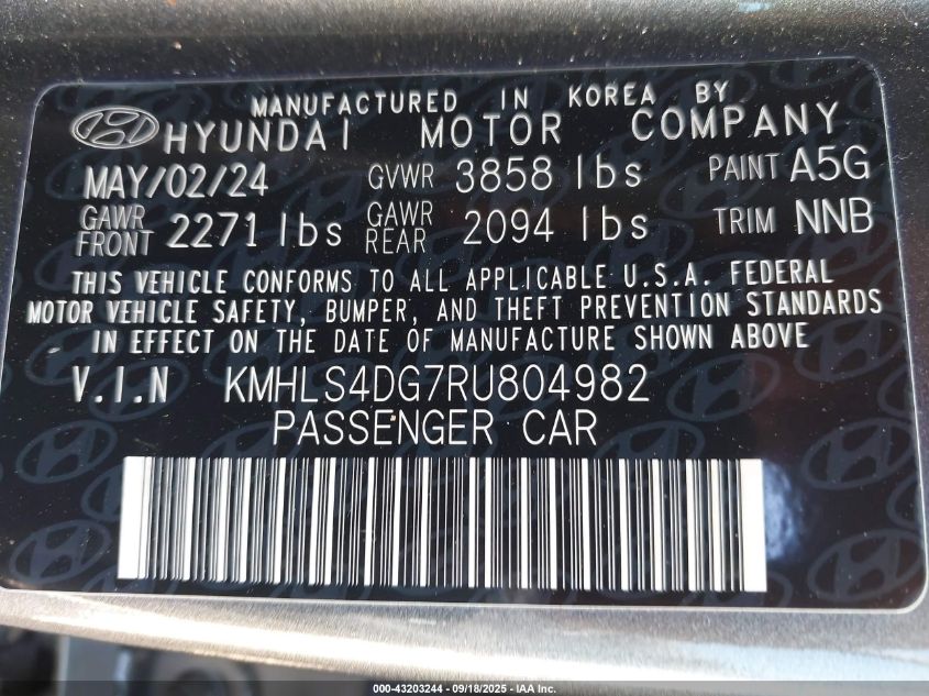 2024 Hyundai Elantra Sel VIN: KMHLS4DG7RU804982 Lot: 43203244