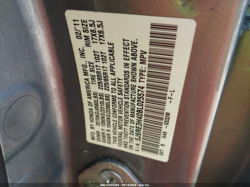 2011 Honda Cr-V Se VIN: 5J6RE3H40BL025574 Lot: 43203264