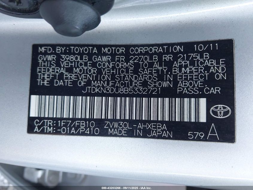 2011 Toyota Prius VIN: JTDKN3DU8B5332721 Lot: 43203266