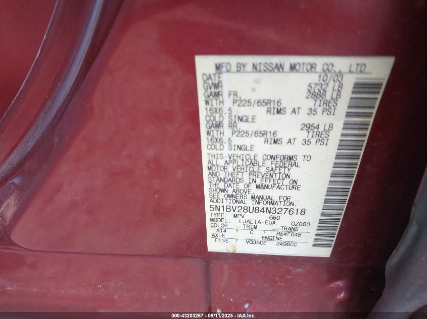 2004 Nissan Quest 3.5 Sl VIN: 5N1BV28U84N327618 Lot: 43203267