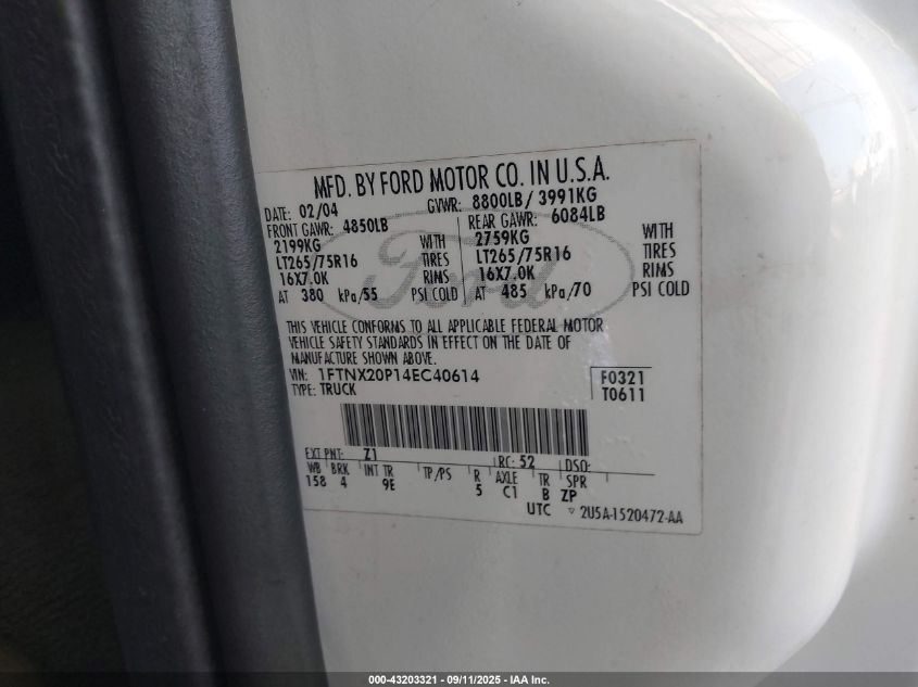 2004 Ford F-250 Lariat/Xl/Xlt VIN: 1FTNX20P14EC40614 Lot: 43203321