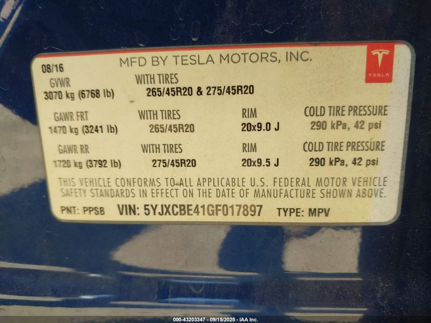 2016 Tesla Model X 75D/P100D/P90D VIN: 5YJXCBE41GF017897 Lot: 43203347