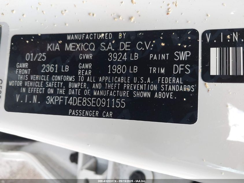 2025 Kia K4 Lx VIN: 3KPFT4DE8SE091155 Lot: 43203374