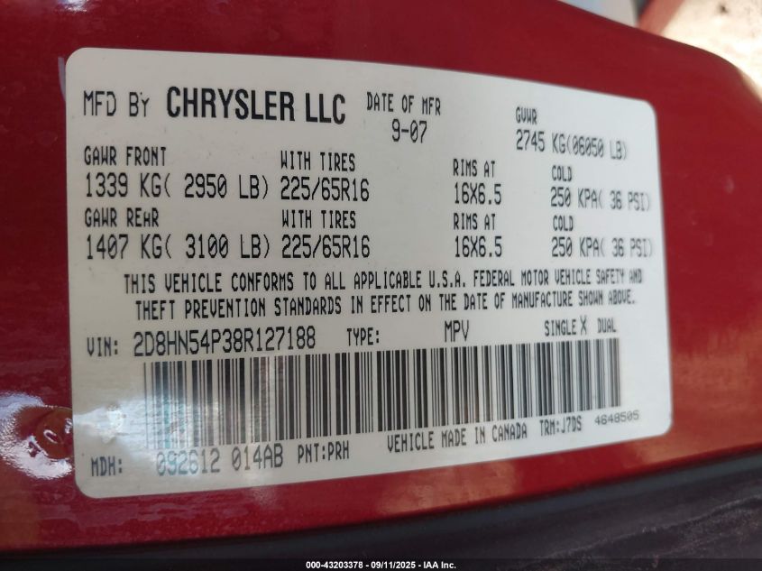 2008 Dodge Grand Caravan VIN: 2D8HN54P38R127188 Lot: 43203378