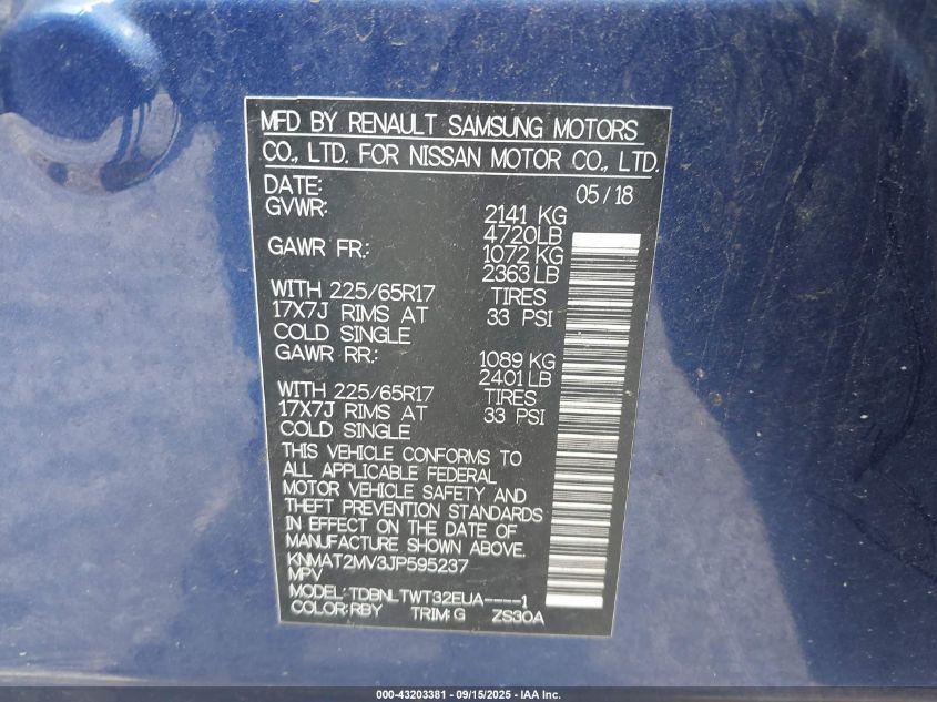 2018 Nissan Rogue Sv VIN: KNMAT2MV3JP595237 Lot: 43203381