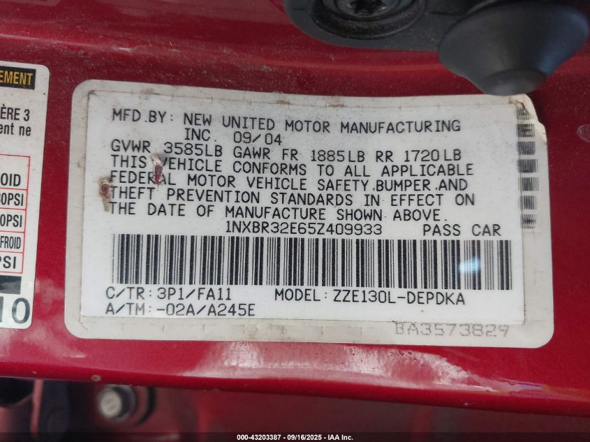 2005 Toyota Corolla Ce VIN: 1NXBR32E65Z409933 Lot: 43203387