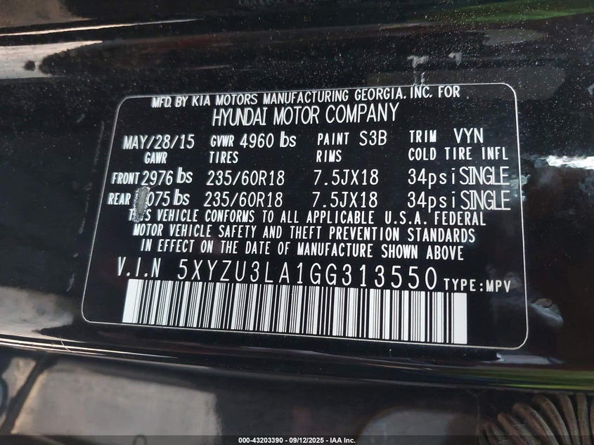 2016 HYUNDAI SANTA FE SPORT 2.0L TURBO 5XYZU3LA1GG313550