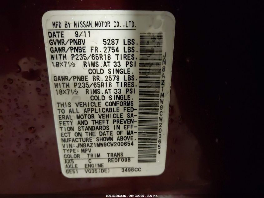 2012 Nissan Murano Sl VIN: JN8AZ1MW9CW200654 Lot: 43203436