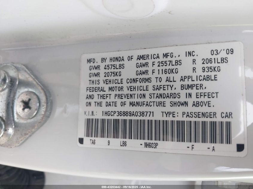 2009 Honda Accord 3.5 Ex-L VIN: 1HGCP36889A038771 Lot: 43203442