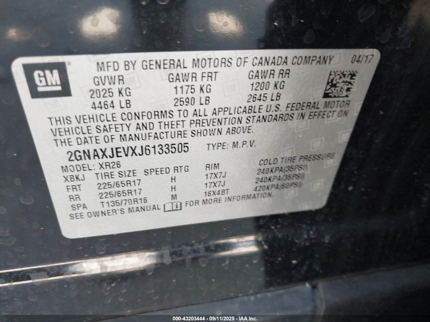 2018 Chevrolet Equinox Lt VIN: 2GNAXJEVXJ6133505 Lot: 43203444