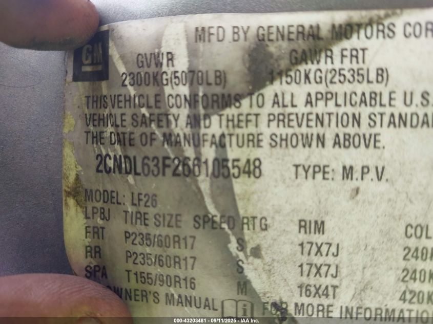 2006 Chevrolet Equinox Lt VIN: 2CNDL63F266105548 Lot: 43203481