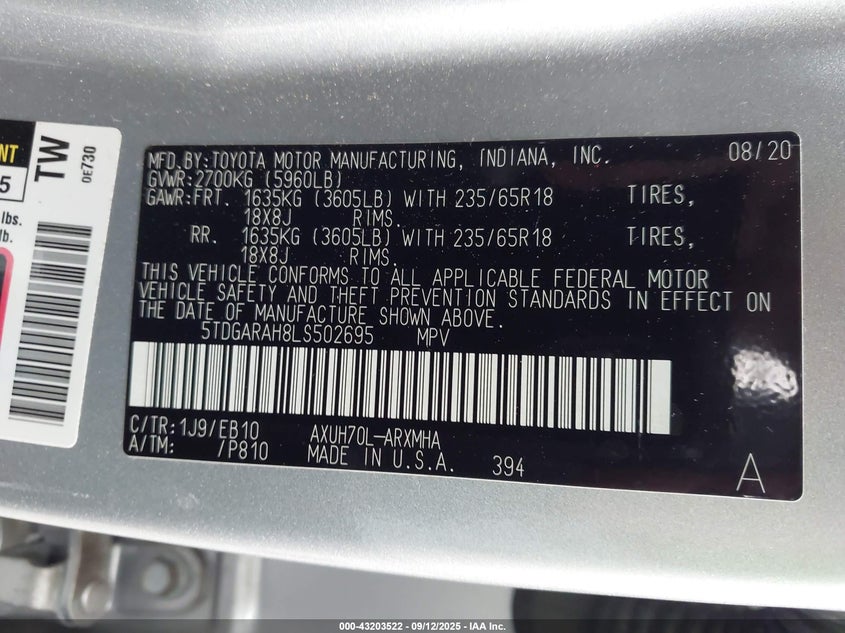 2020 TOYOTA HIGHLANDER HYBRID XLE - 5TDGARAH8LS502695