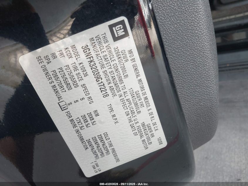 2009 Chevrolet Avalanche 1500 Ltz VIN: 3GNFK32039G172218 Lot: 43203528