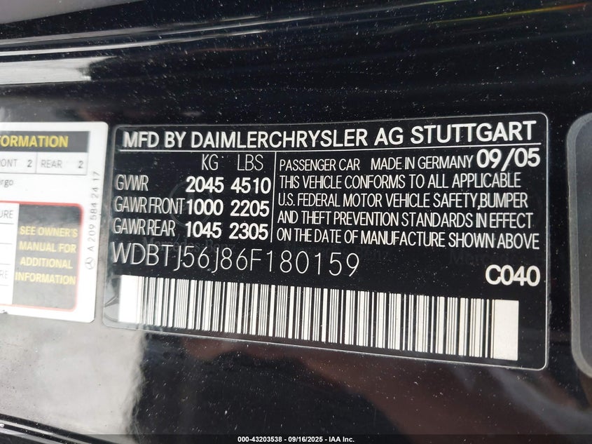 2006 Mercedes-Benz Clk 350 VIN: WDBTJ56J86F180159 Lot: 43203538