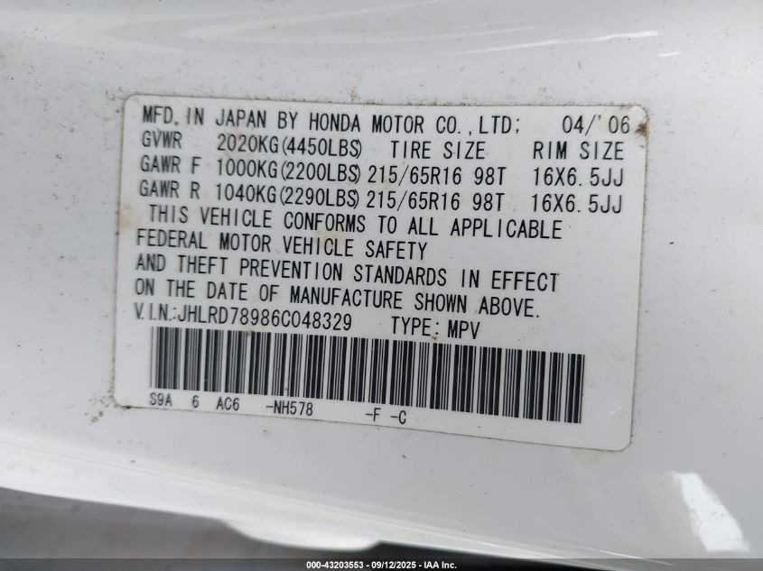 2006 Honda Cr-V Se/Ex VIN: JHLRD78986C048329 Lot: 43203553