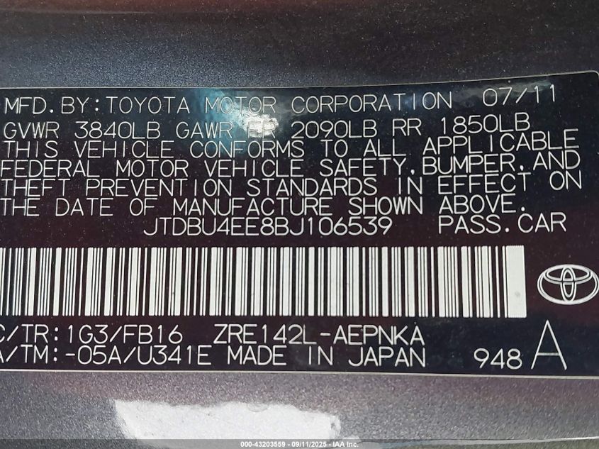 2011 Toyota Corolla Le VIN: JTDBU4EE8BJ106539 Lot: 43203559