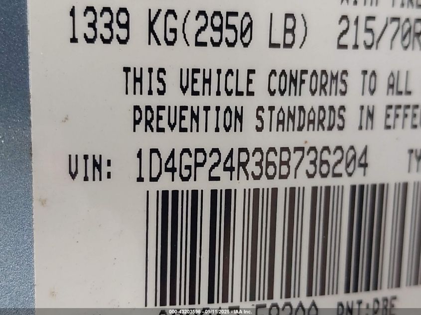 2006 Dodge Grand Caravan Se VIN: 1D4GP24R36B736204 Lot: 43203596