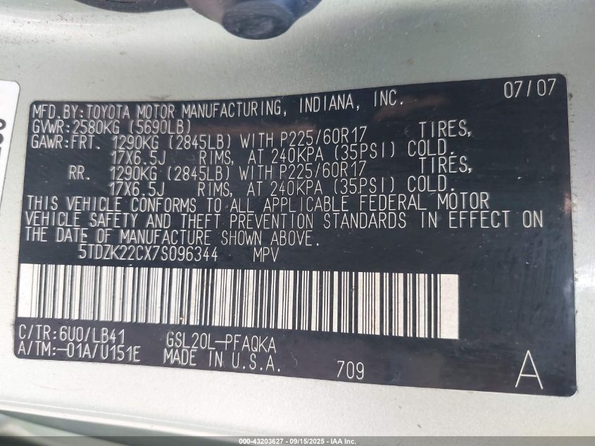 2007 Toyota Sienna Xle VIN: 5TDZK22CX7S096344 Lot: 43203627