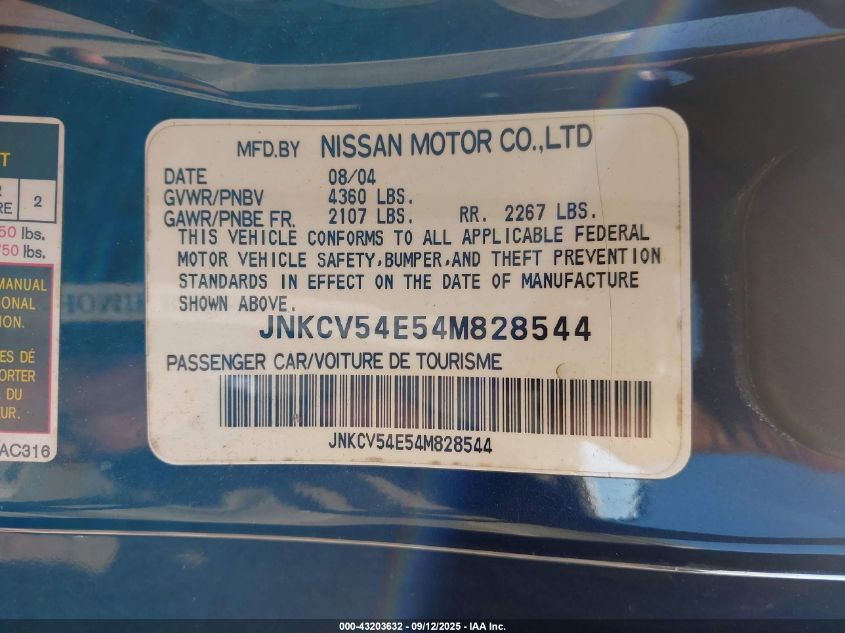 2004 Infiniti G35 VIN: JNKCV54E54M828544 Lot: 43203632