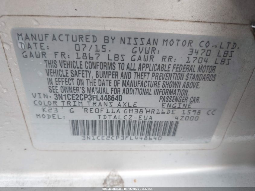 2015 Nissan Versa Note S Plus VIN: 3N1CE2CP3FL448640 Lot: 43203646