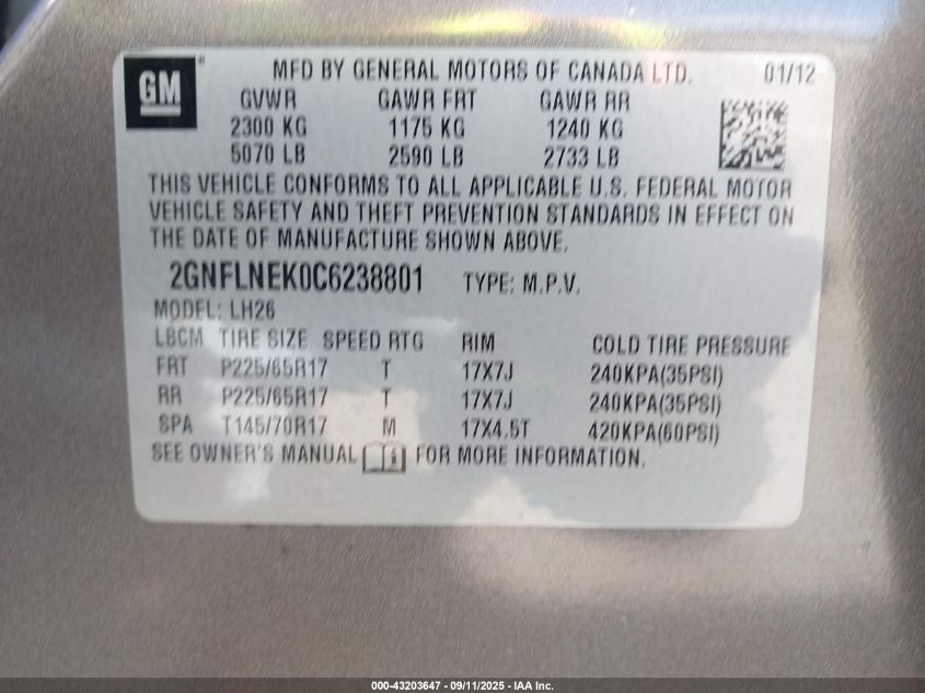 2012 Chevrolet Equinox 2Lt VIN: 2GNFLNEK0C6238801 Lot: 43203647