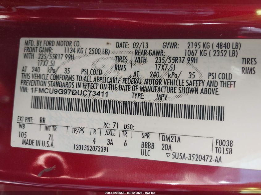 2013 Ford Escape Se VIN: 1FMCU9G97DUC73411 Lot: 43203658