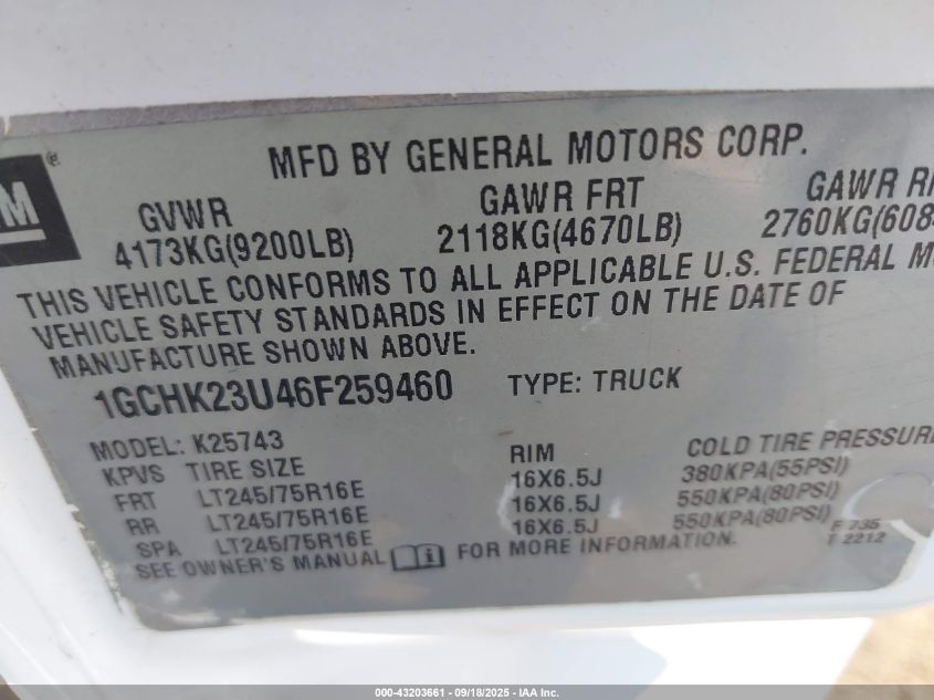 2006 Chevrolet Silverado 2500Hd Lt1 VIN: 1GCHK23U46F259460 Lot: 43203661