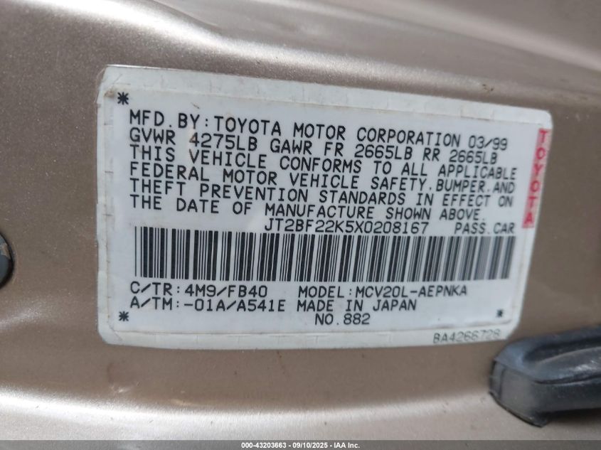 1999 Toyota Camry Le V6 VIN: JT2BF22K5X0208167 Lot: 43203663