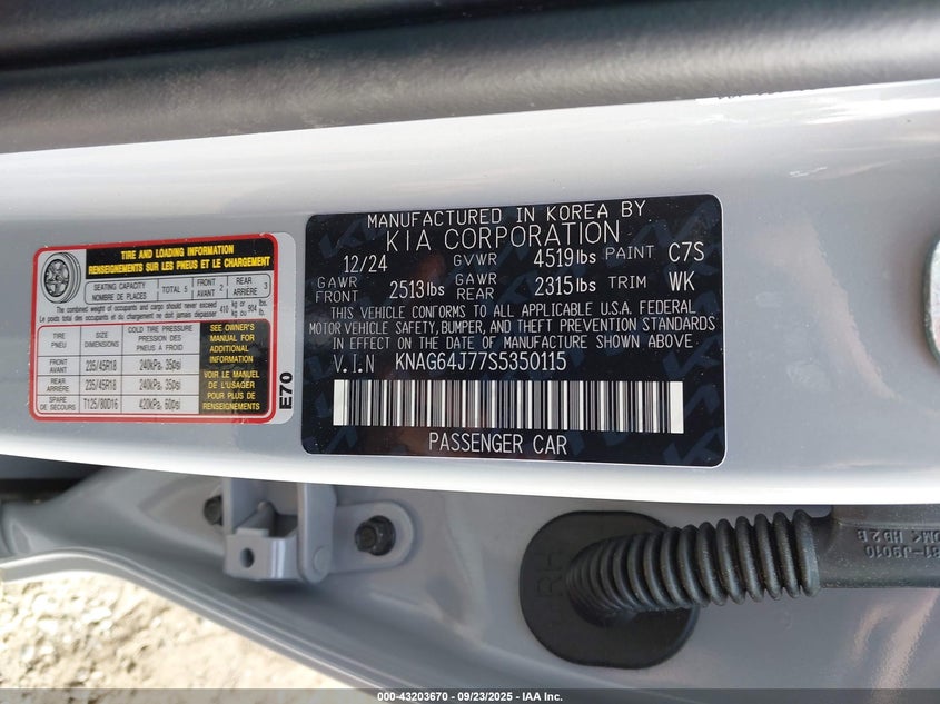 2025 Kia K5 Gt-Line VIN: KNAG64J77S5350115 Lot: 43203670