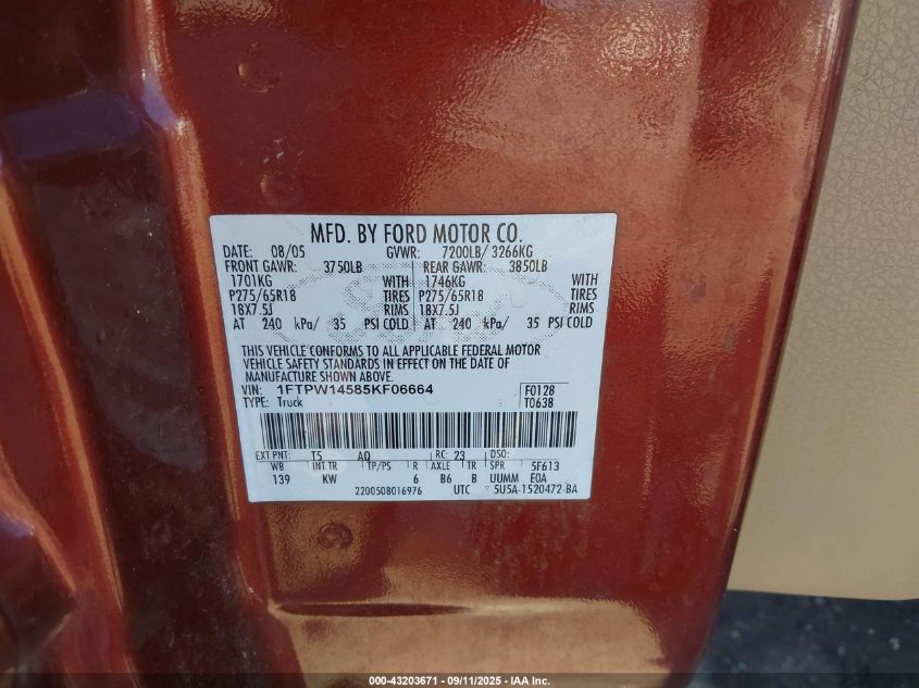 2005 Ford F-150 Fx4/Lariat/Xlt VIN: 1FTPW14585KF06664 Lot: 43203671