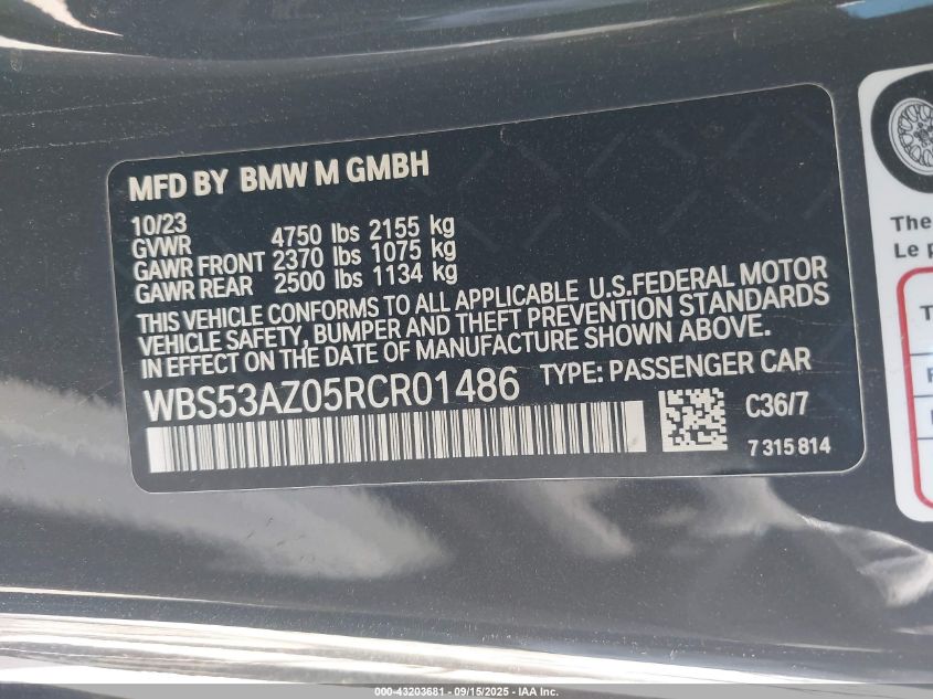 2024 BMW M4 VIN: WBS53AZ05RCR01486 Lot: 43203681