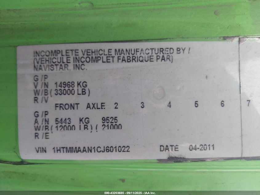 2012 International 4000 4300 VIN: 1HTMMAAN1CJ601022 Lot: 43203685
