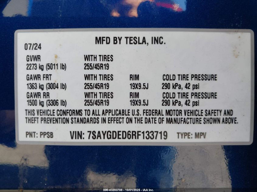 2024 Tesla Model Y Long Range Dual Motor All-Wheel Drive/Rwd VIN: 7SAYGDED6RF133719 Lot: 43203708