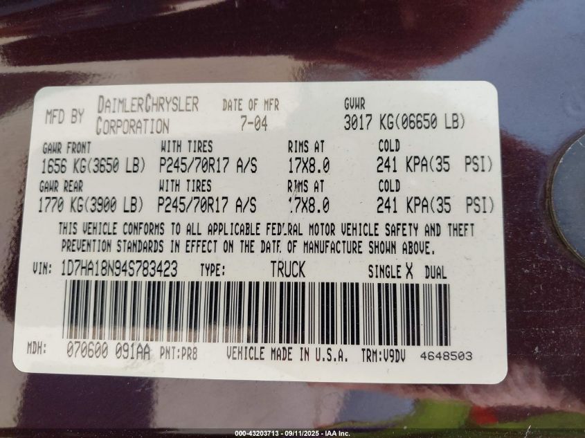 2004 Dodge Ram 1500 Slt/Laramie VIN: 1D7HA18N94S783423 Lot: 43203713