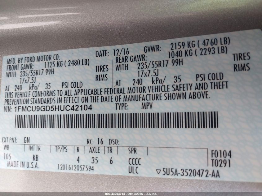 2017 Ford Escape Se VIN: 1FMCU9GD5HUC42104 Lot: 43203714