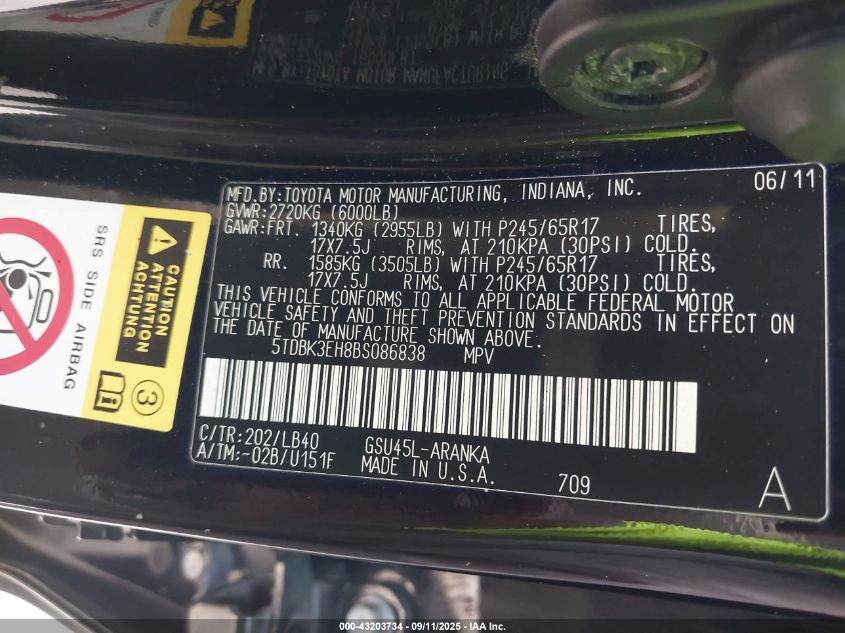 2011 Toyota Highlander Se V6 VIN: 5TDBK3EH8BS086838 Lot: 43203734