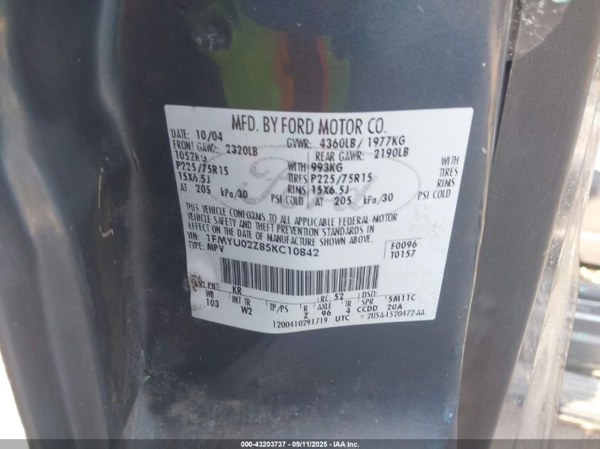 2005 Ford Escape Xls VIN: 1FMYU92Z75KD27879 Lot: 43203737