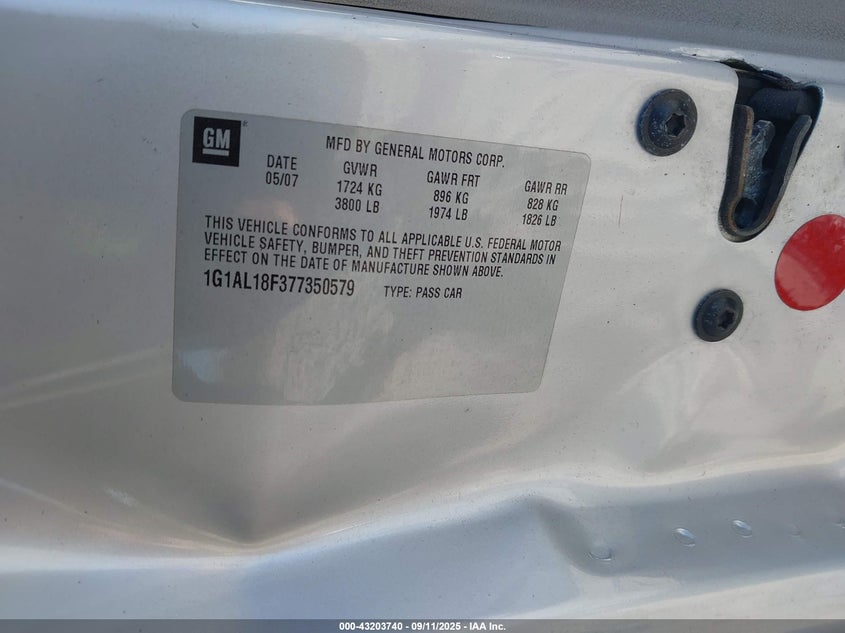 2007 Chevrolet Cobalt Lt VIN: 1G1AL18F377350579 Lot: 43203740