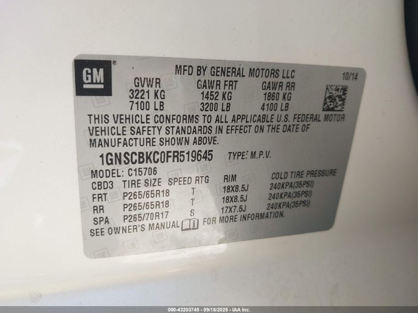 2015 Chevrolet Tahoe Lt VIN: 1GNSCBKC0FR519645 Lot: 43203749