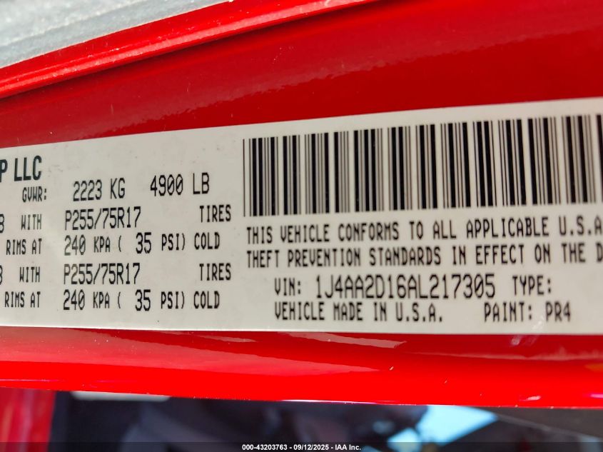 2010 Jeep Wrangler Sport VIN: 1J4AA2D16AL217305 Lot: 43203763