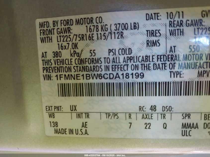 2012 Ford E-150 Xl VIN: 1FMNE1BW6CDA18199 Lot: 43203764