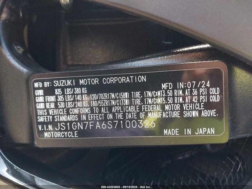 2025 Suzuki Gsx-R600 VIN: JS1GN7FA6S7100326 Lot: 43203800