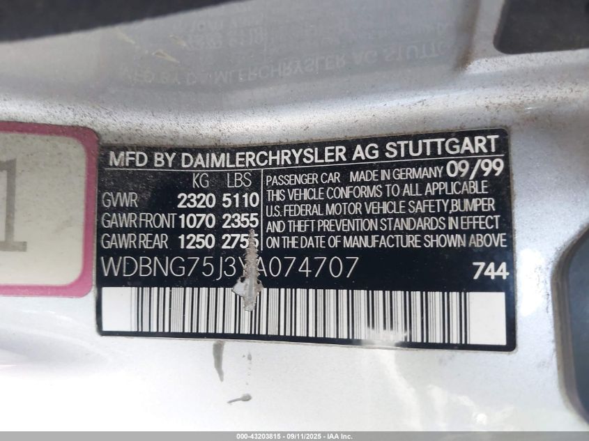 2000 Mercedes-Benz S 500 VIN: WDBNG75J3YA074707 Lot: 43203815