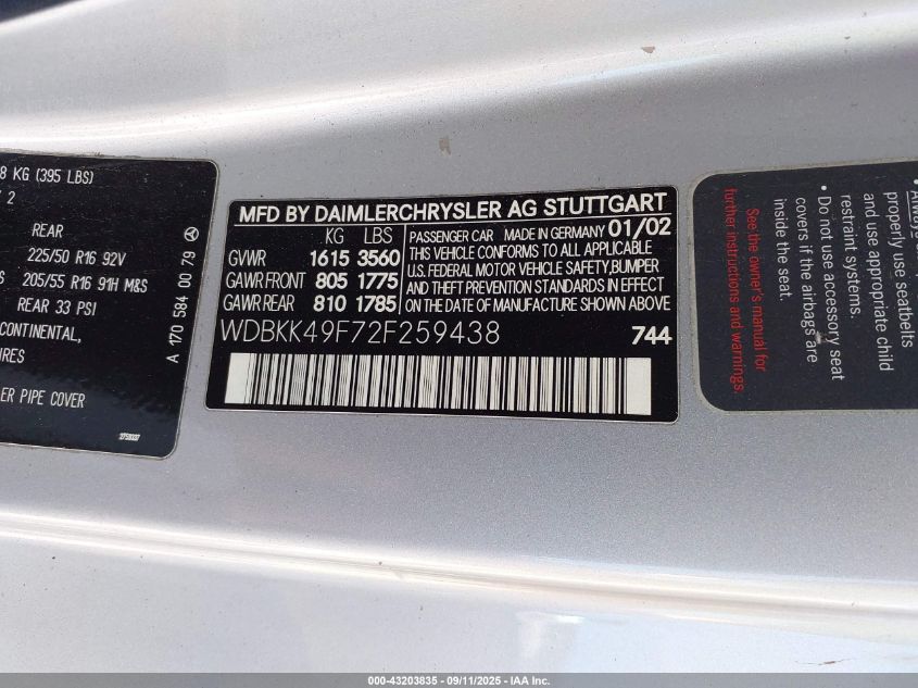 2002 Mercedes-Benz Slk 230 Kompressor VIN: WDBKK49F72F259438 Lot: 43203835