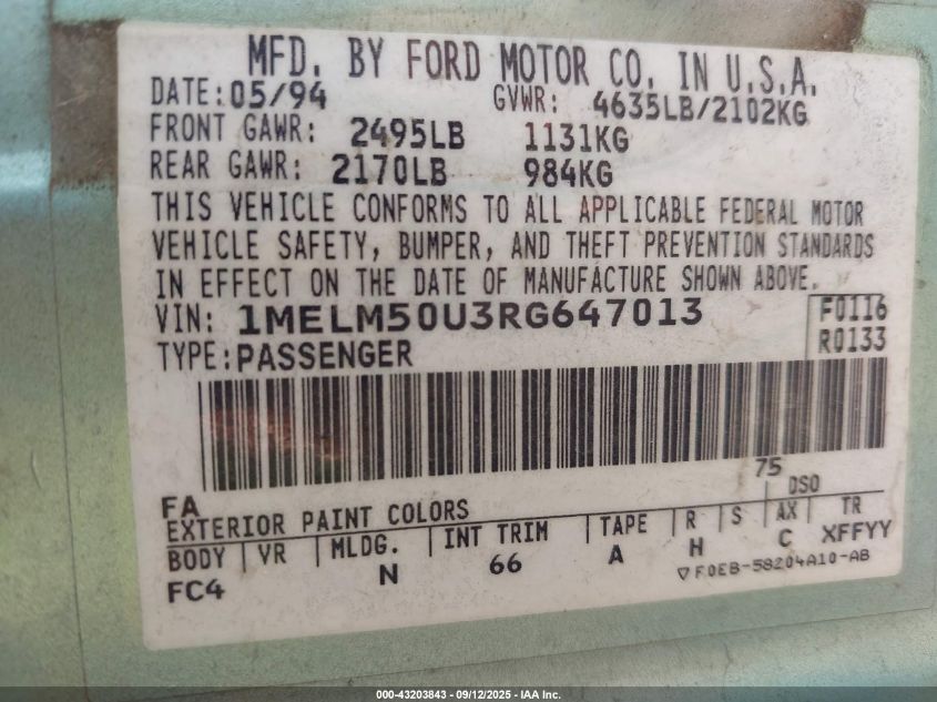 1994 Mercury Sable Gs VIN: 1MELM50U3RG647013 Lot: 43203843