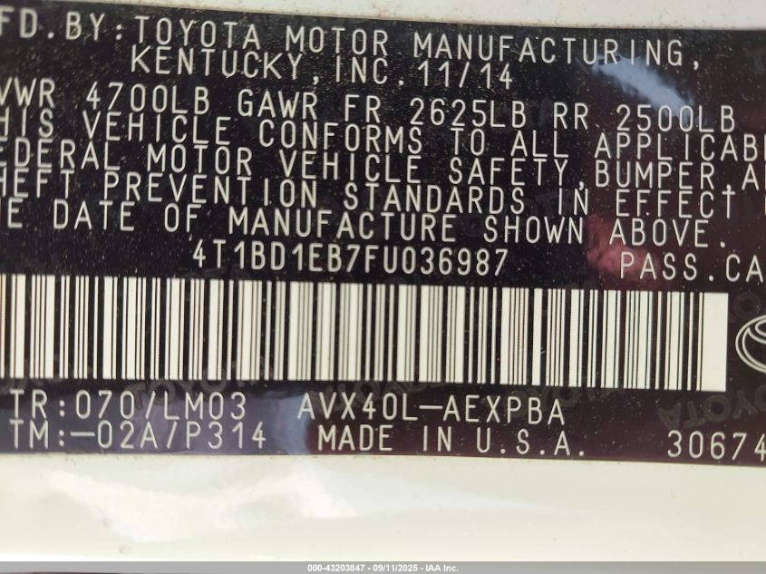 2015 Toyota Avalon Hybrid Limited VIN: 4T1BD1EB7FU036987 Lot: 43203847