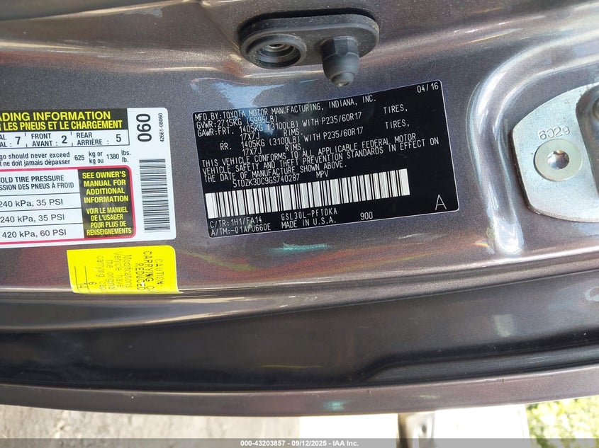 2016 Toyota Sienna L 7 Passenger VIN: 5TDZK3DC9GS740287 Lot: 43203857