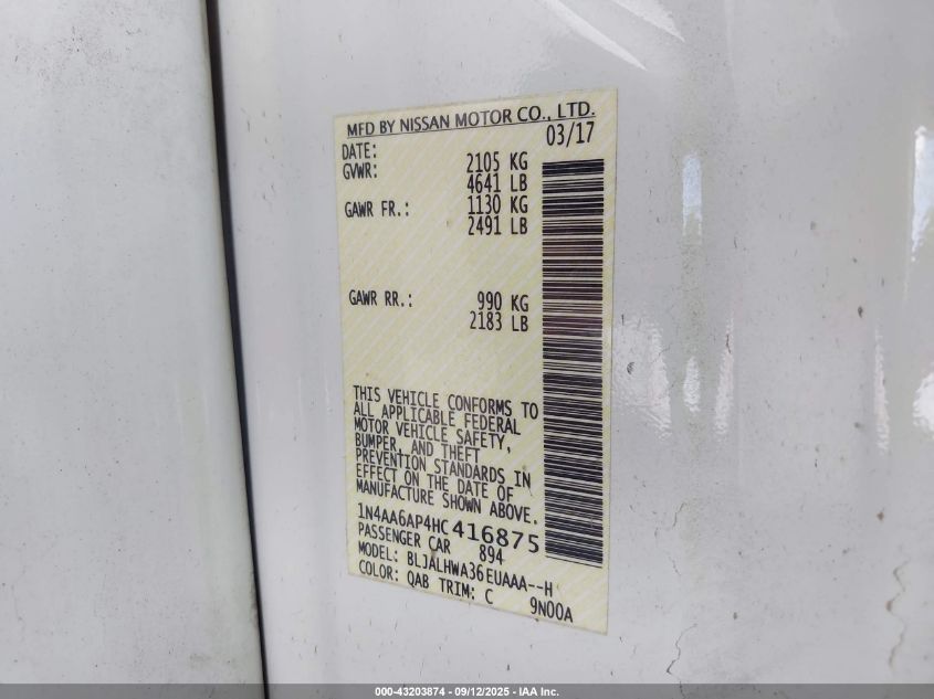 2017 Nissan Maxima 3.5 Platinum VIN: 1N4AA6AP4HC416875 Lot: 43203874