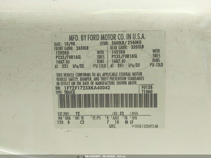 1999 Ford F-150 Work Series/Xl/Xlt VIN: 1FTZF1723XKA40042 Lot: 43203897
